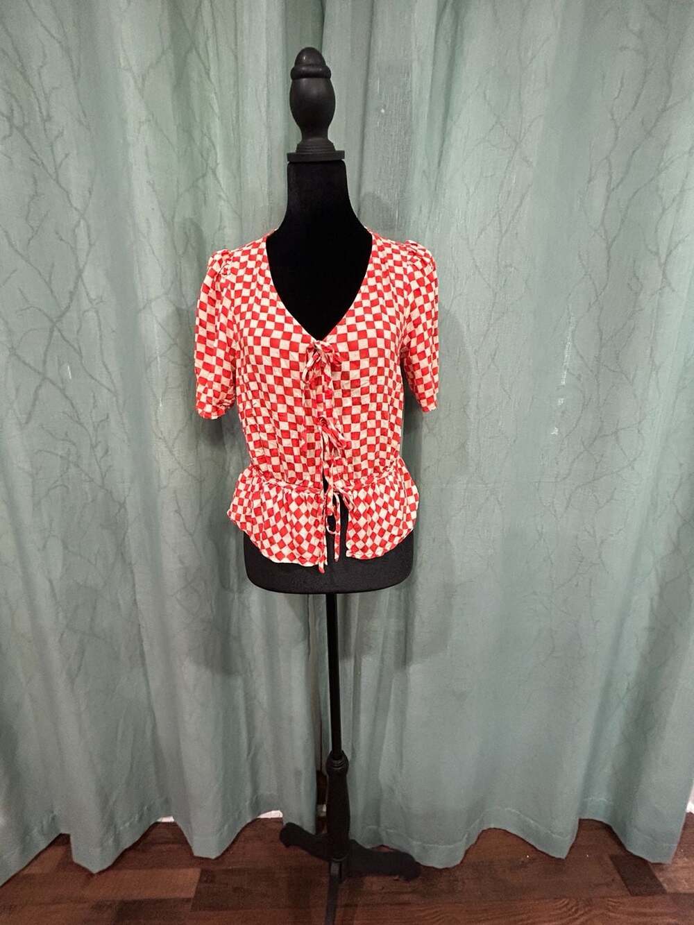 FRNCH Paris Red and White Checkered Plaid Tie Front Peplum Blouse Size S